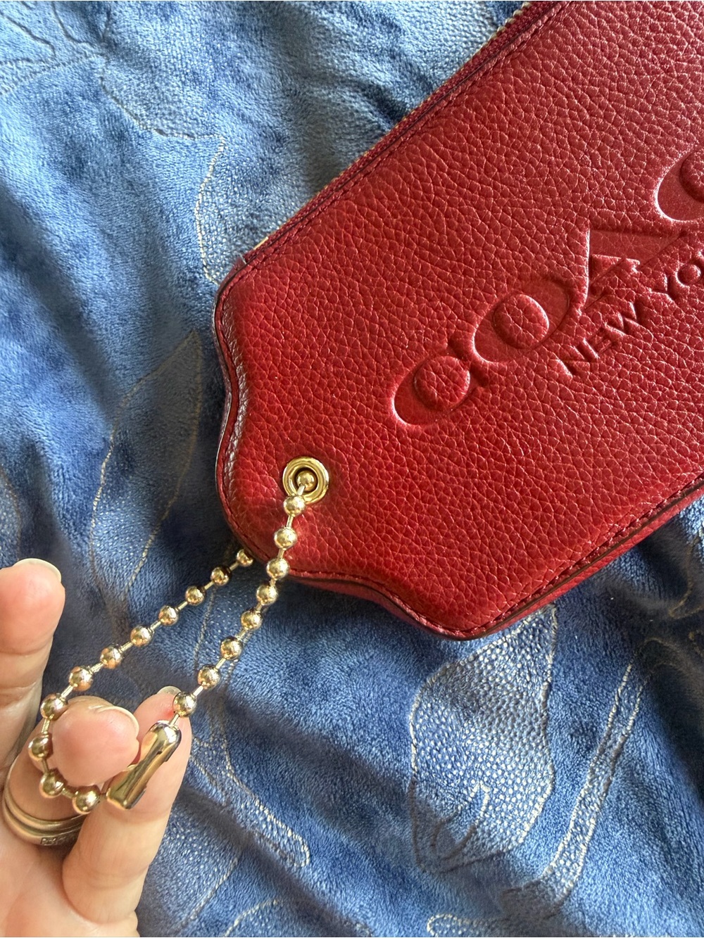 Coach Red Pebbled Leather Chain Wristlet Pouch with Gold Accents - Picture 16 of 16